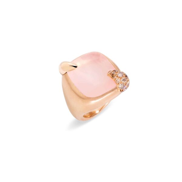 Pomellato Ritratto anello grande in oro rosa con quarzo rosa e diamanti brown