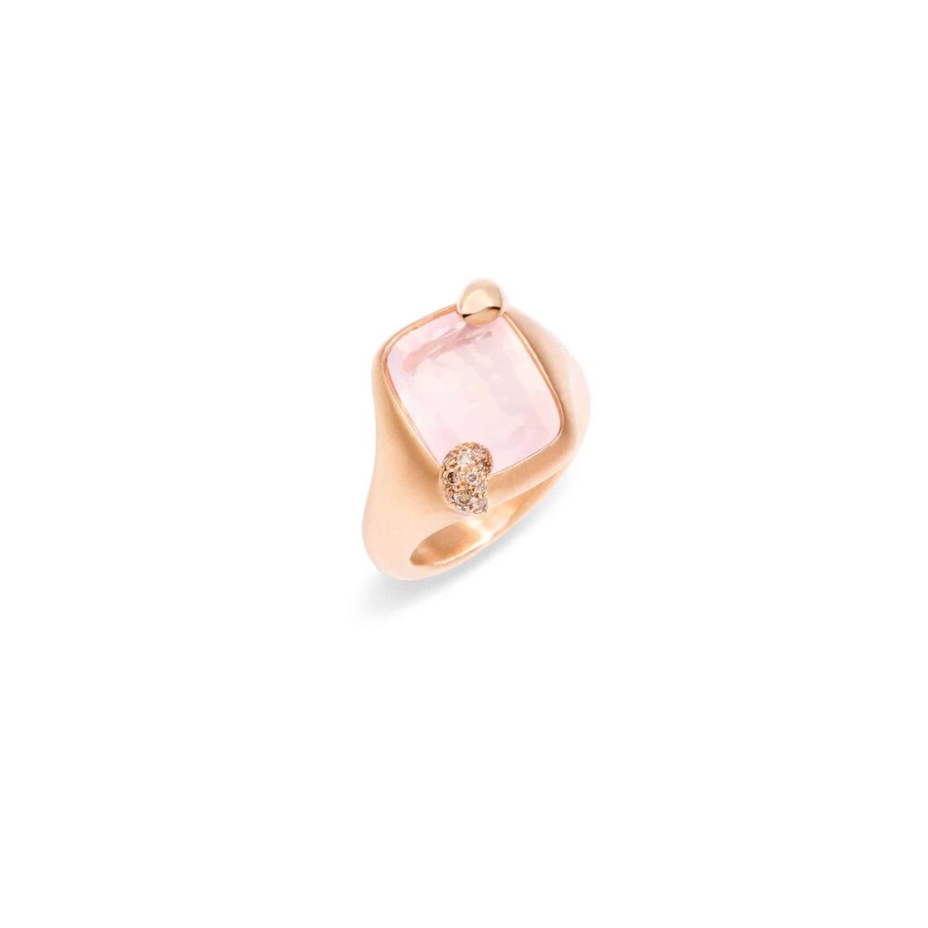 Pomellato Ritratto anello piccolo in oro rosa con quarzo rosa e diamanti brown