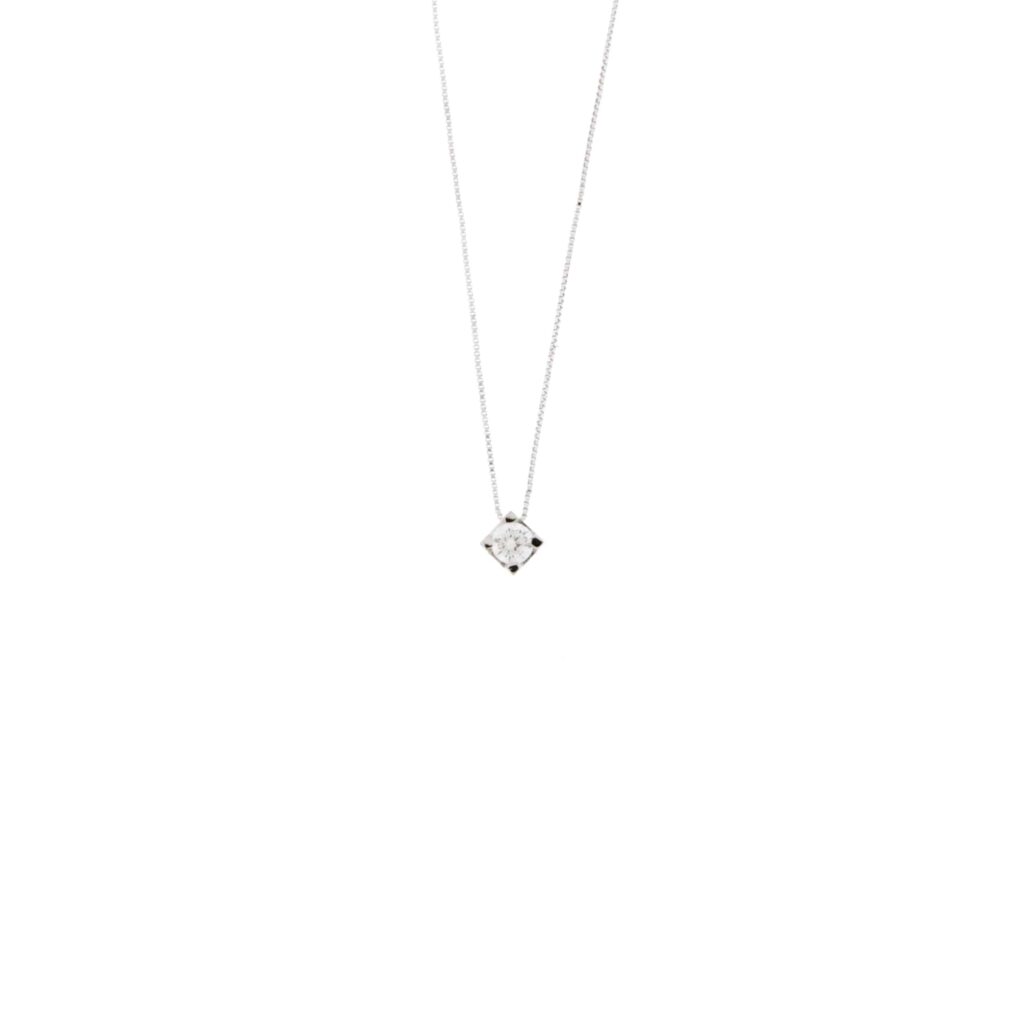 Trossello girocollo in oro bianco con punto luce a griffes
