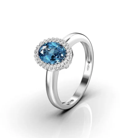 Trossello anello in oro bianco e topazio blu london ovale con diamanti